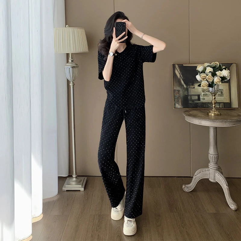 休闲套装女两件套夏季烫钻显瘦气质高腰黑色时尚宽松套裤女装