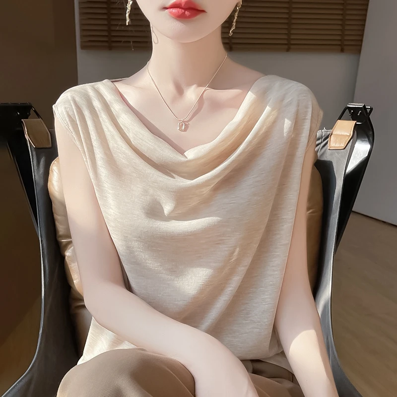 【现货宠粉】新款女纯色薄款无袖轻奢夏季针织上衣设计感打底衫大码