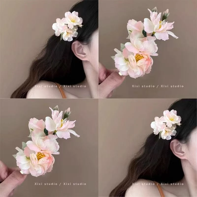 日系粉色樱花仿真花发夹侧边后脑勺盘发发卡度假旅行拍照超仙发饰