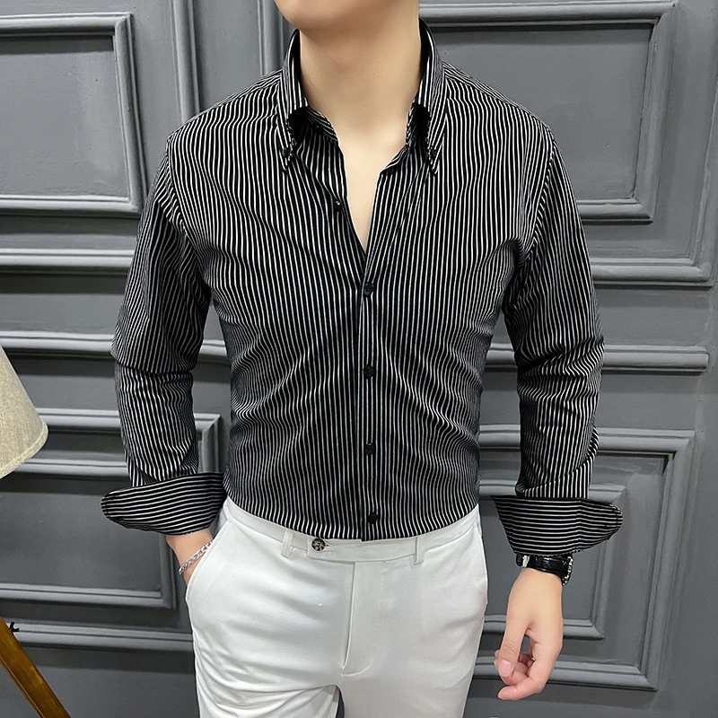 高级感男装2025夏装男士新款定制面料法式大领衬衫男士长袖条秋季