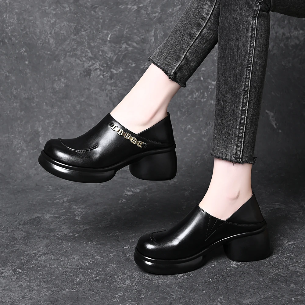 复古圆头厚底乐福鞋女2025春秋新款两穿一脚蹬粗跟金属链条单鞋