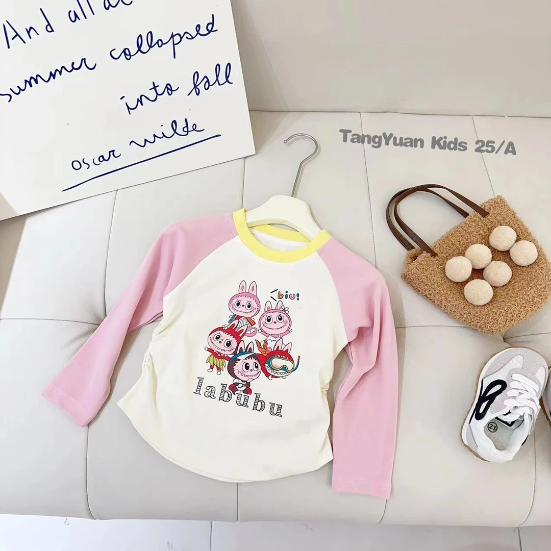 汤圆家童装2025秋季新款韩系高甜撞色卡通捏褶T恤 YA-2738