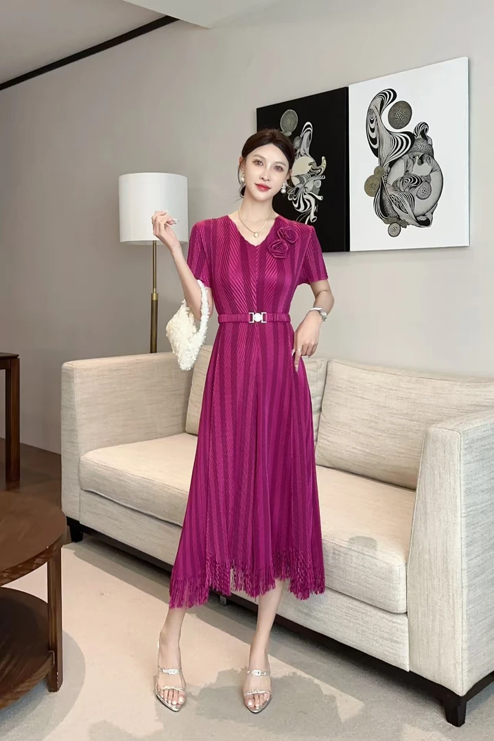 新款褶皱V领流苏连衣裙高端百搭时尚轻奢优雅夏季袖连衣裙