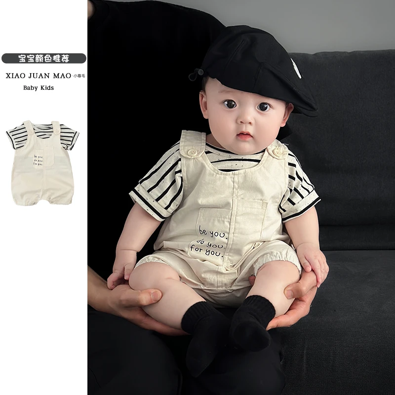 T25X36夏季新韩系男女宝洋气时尚休闲条纹短袖上衣连体背带裤套装