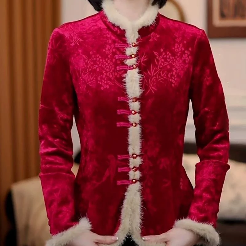 新中式国风复古提花打底衫2025冬季新款气质立领毛边加绒保暖上衣