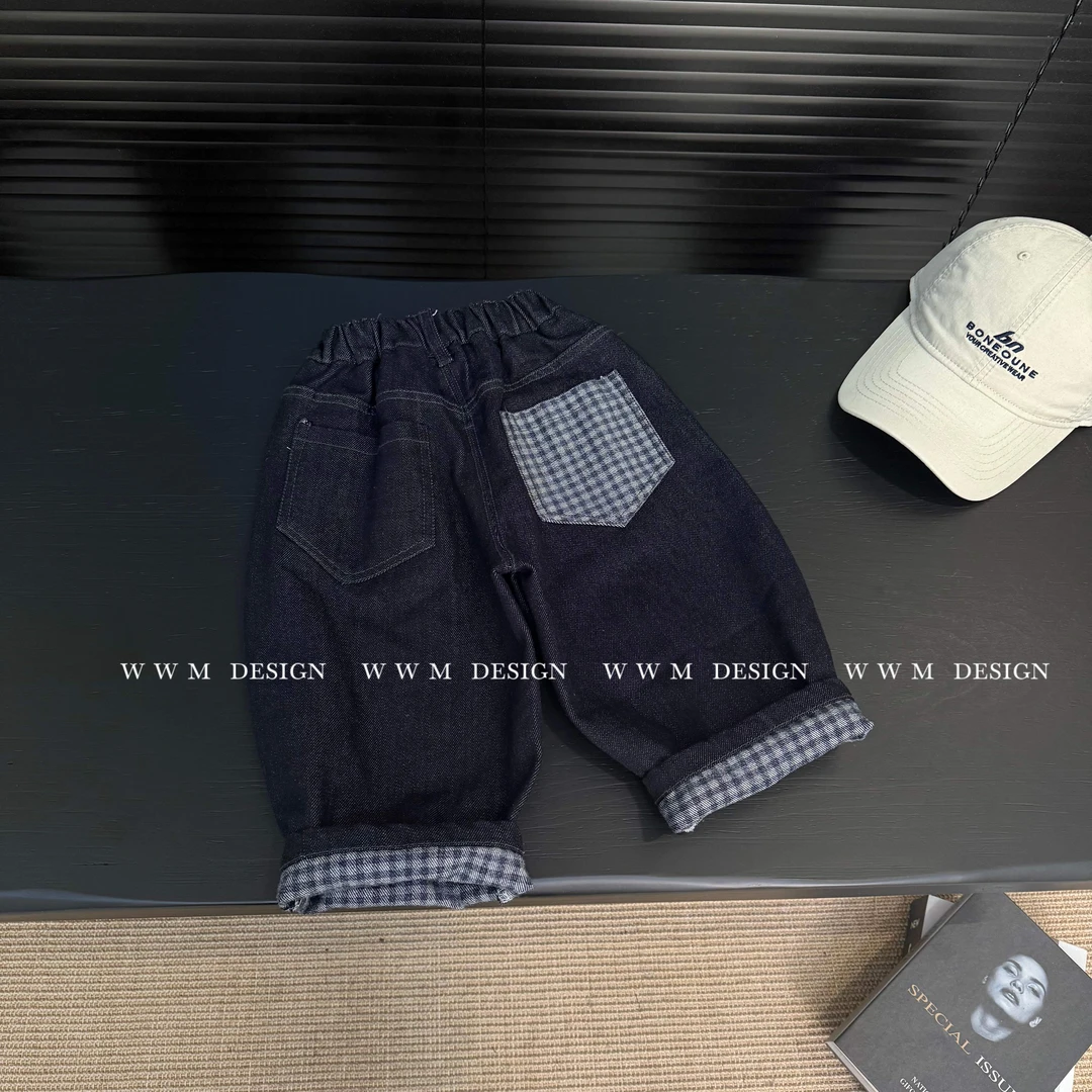 【文文妈】男童秋装裤子宝宝宽松休闲裤童装直筒反面格子儿童牛仔裤