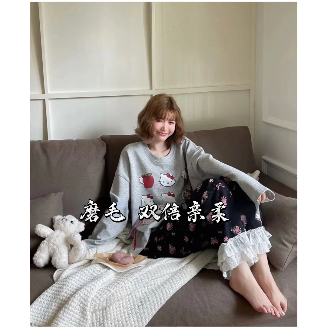 睡衣女冬季新款德绒长袖韩版甜美时尚家居服套装（蕾丝kitty猫）