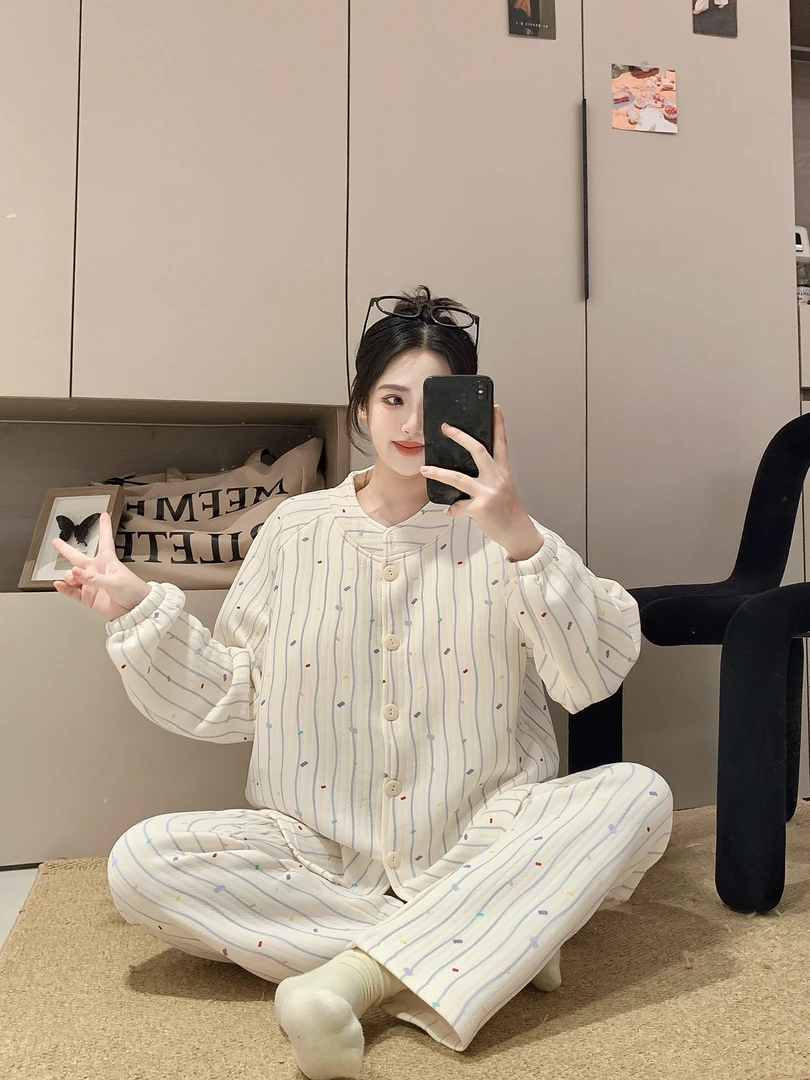 【带胸垫】秋冬加厚纯棉空气棉月子服产前产后哺乳喂奶产妇孕妇睡衣