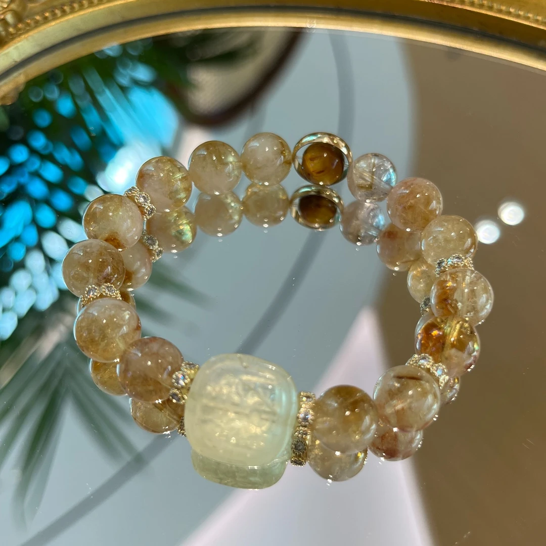 【爆富】10mm黄塔晶+8mm金虎眼石+柠檬黄水扎基拉姆雕刻件 A222