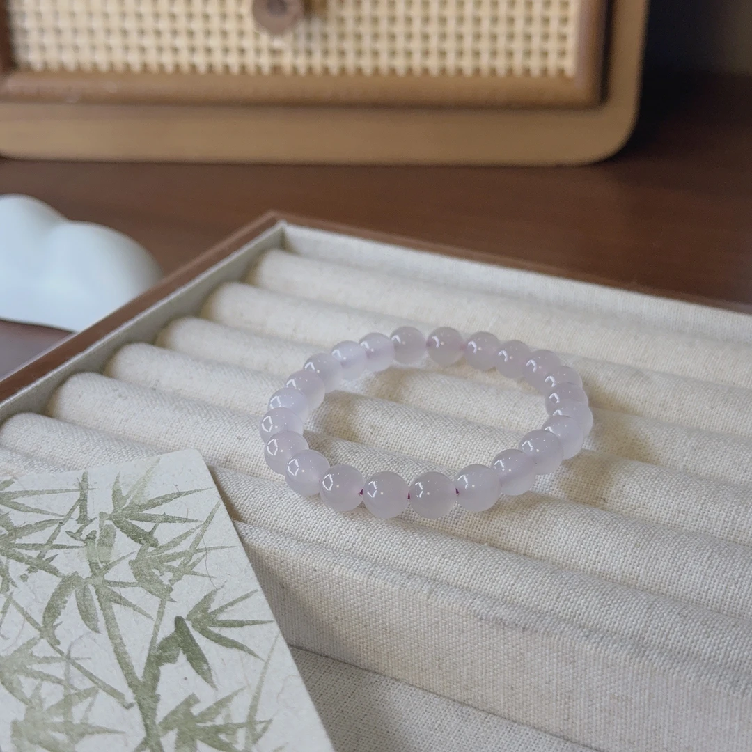 天然和田玉冰透猫眼浅烟藕粉手串8mm