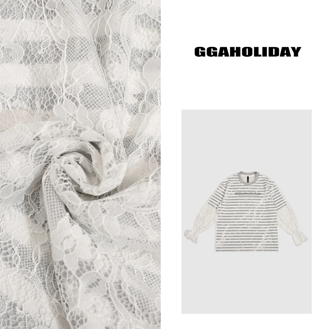GGAHOLIDAY新款时尚休闲复古宽松条纹套头蕾丝拼接长袖T恤-152400