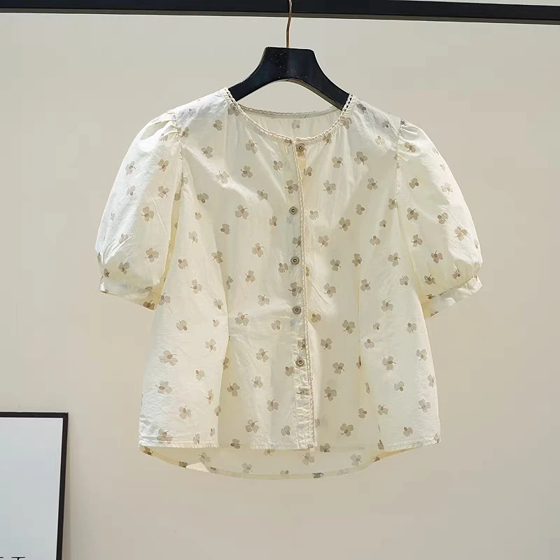 圆领泡泡袖印花棉衬衫女收腰小衫2025夏季复古风宽松百搭休闲上衣