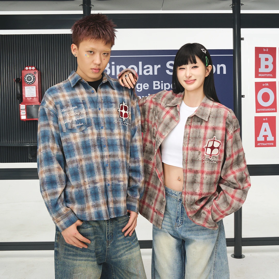 BIPOLAR毛边贴布绣休闲情侣复古宽松潮流日系格子衬衫 12K095