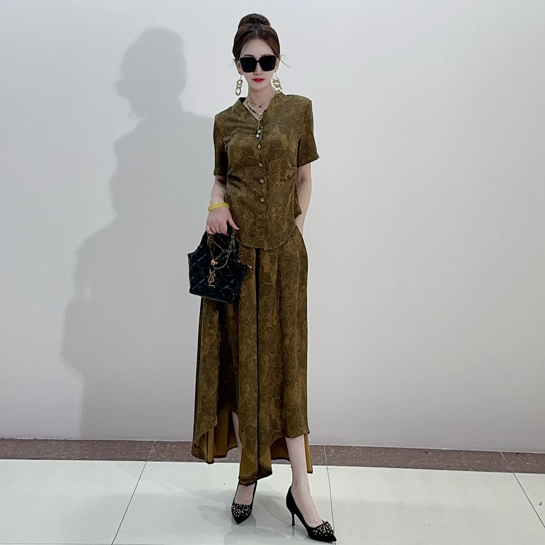 套装夏季大码女装小众炸街高级感衣服妈妈装短袖上衣裙裤两件套