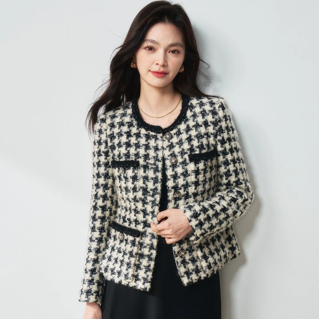 25春季法式轻奢重磅绵羊毛编织黑白千鸟格粗花呢25013