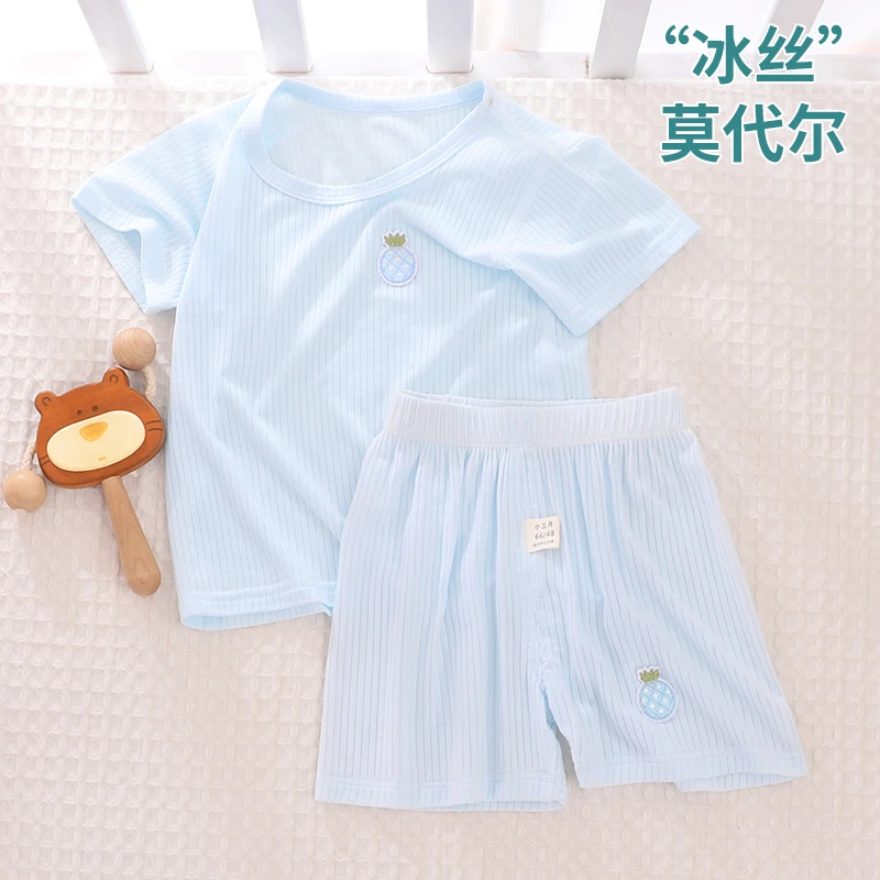 婴儿夏薄款衣服套装短袖上衣t恤冰丝莫代尔a类可开裆短裤宝宝夏装