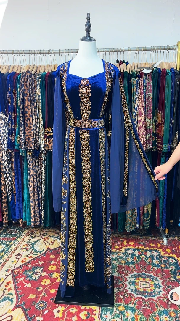 RT-9534-宝蓝色春秋新款显瘦重工烫钻带腰带拼接雪纺大长款连衣裙