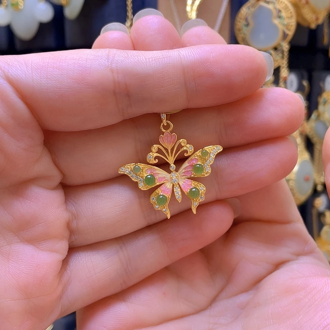 和田玉银S925镀金镶嵌颈饰