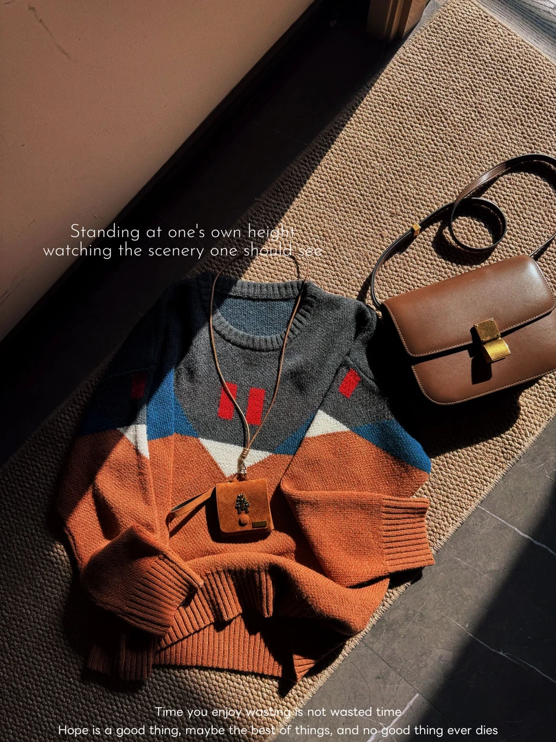 【秋意织章】秋冬原宿风韩版拼接条纹中长款套头毛衣宽松针织衫外套