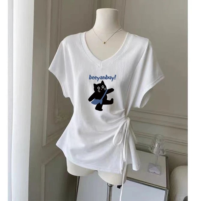 女装夏季气质小众不撞款绑带收腰上衣韩系辣妹字母印花V领短袖t恤