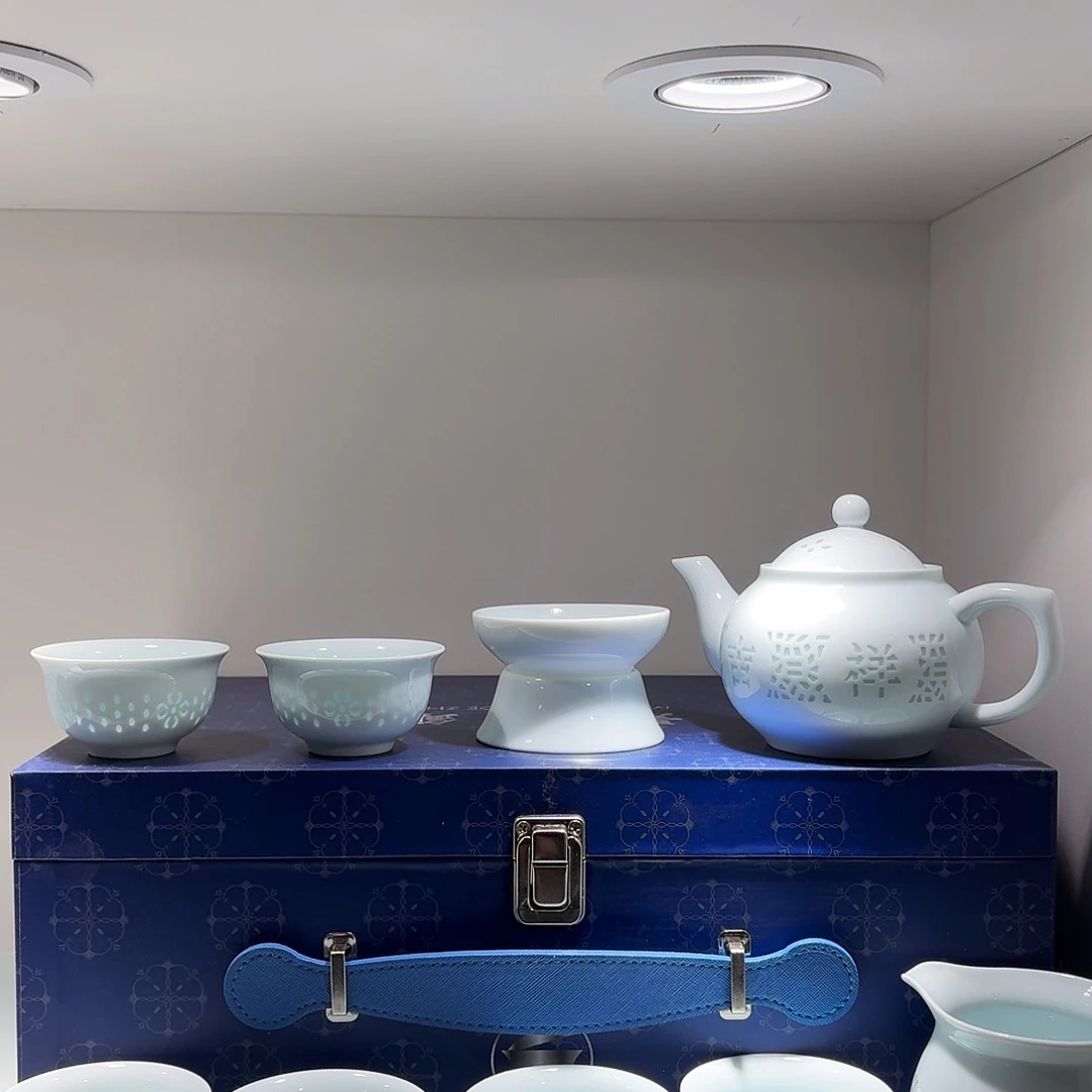 白瓷景德镇白釉玲珑茶具套装1套