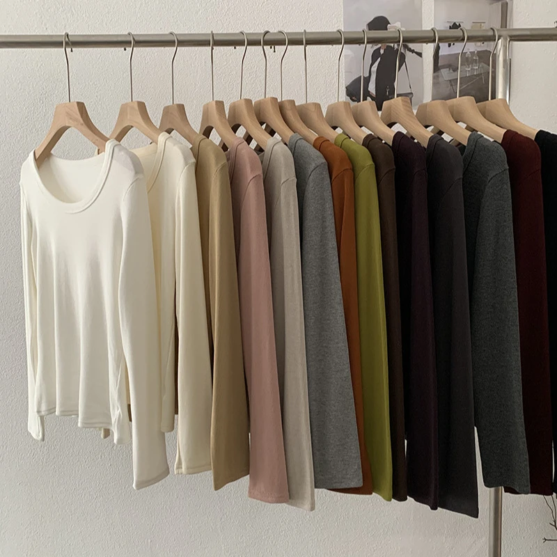 莱螺纹内里抓绒圆领纯色显瘦高弹力长袖打底衫T恤内搭上衣5076