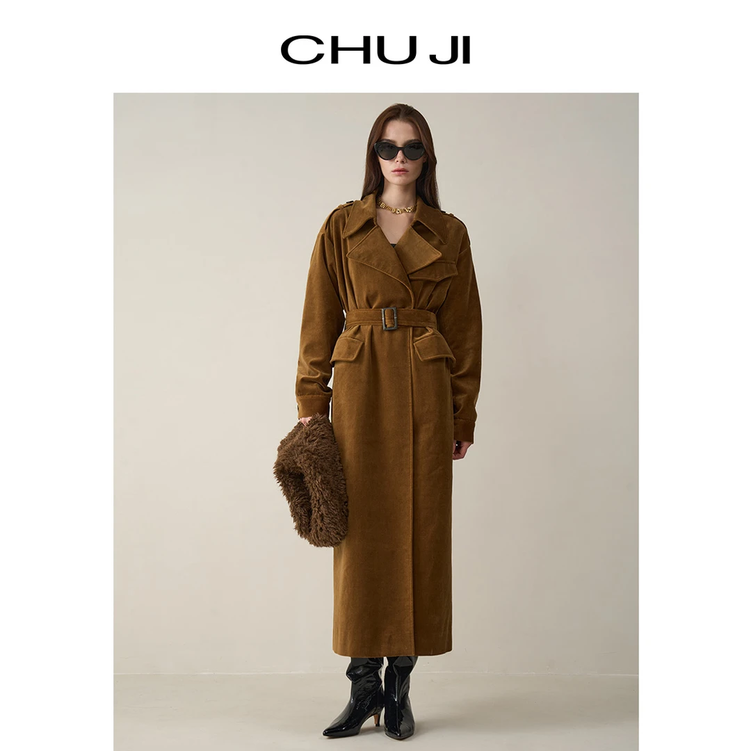 Chuji/出迹设计感小众丝绒长款大衣冬季新款加厚腰带外套D2Z1681W