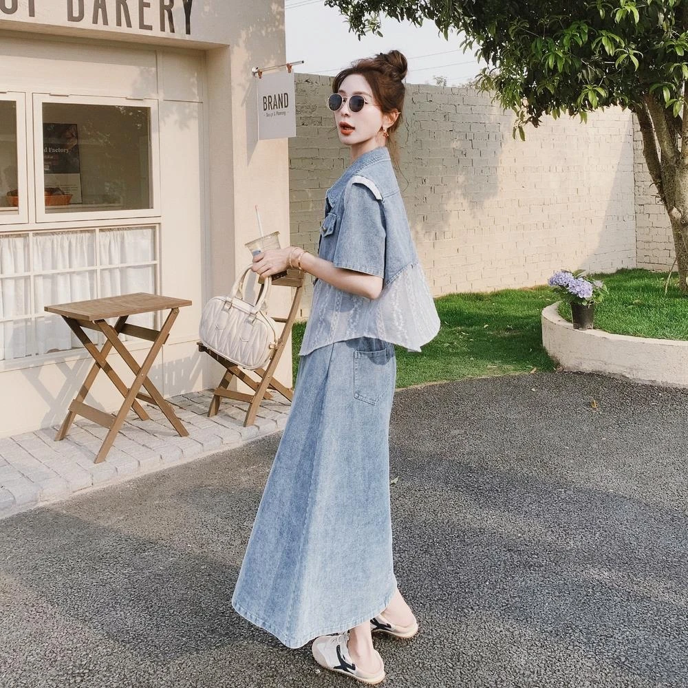 港风chic甜辣牛仔套装裙女2025夏季新款蕾丝拼接上衣半身裙两件套