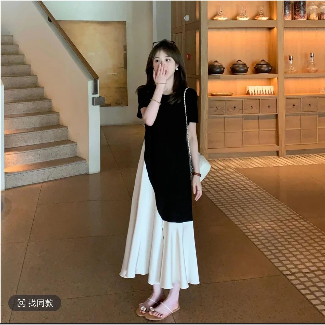 MOMO月月~时尚孕妇小个子短袖连衣裙女拼接撞色夏季法式中长裙