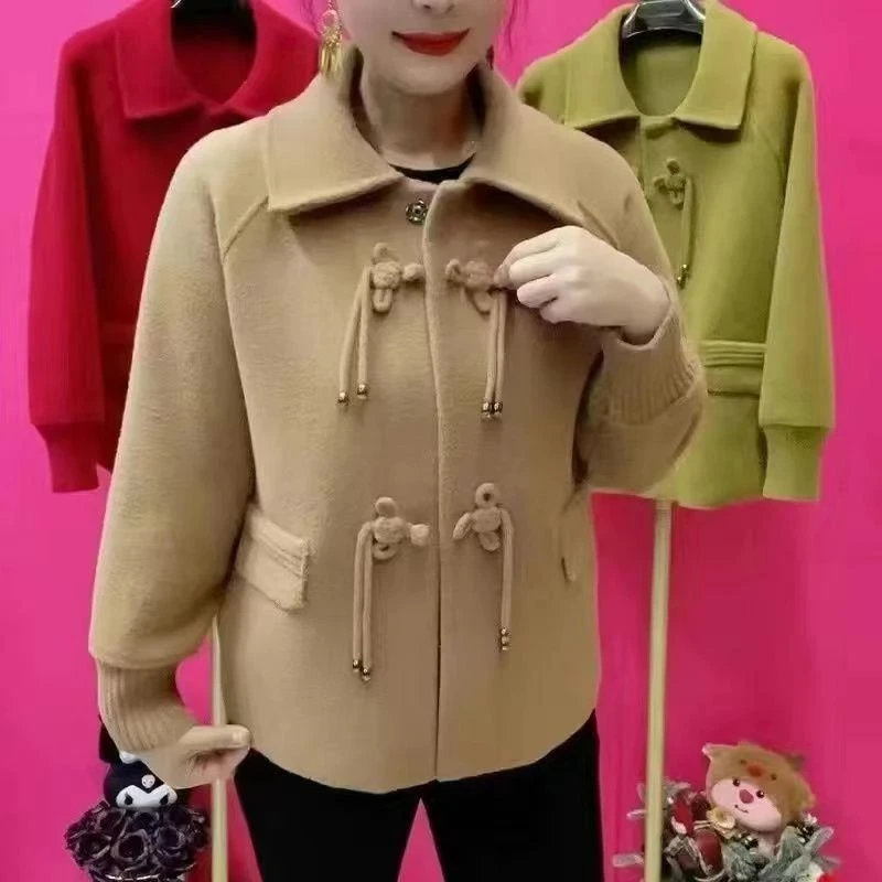 秋冬新款妈妈装新款双面毛呢外套短款时尚盘扣洋气开衫纯色上衣
