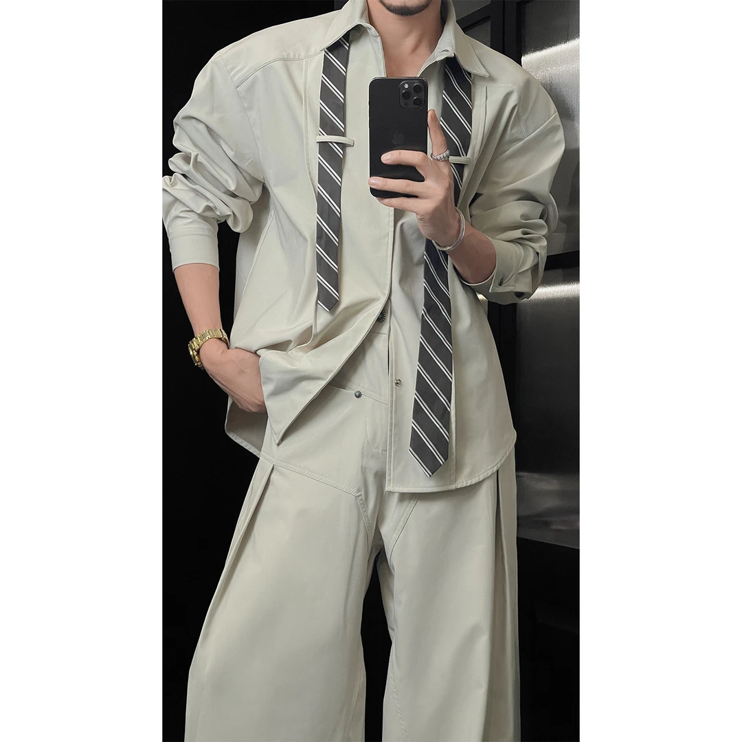 秋季新品原创小众设计款领带衬衫套装男高级感休闲衬衣长裤