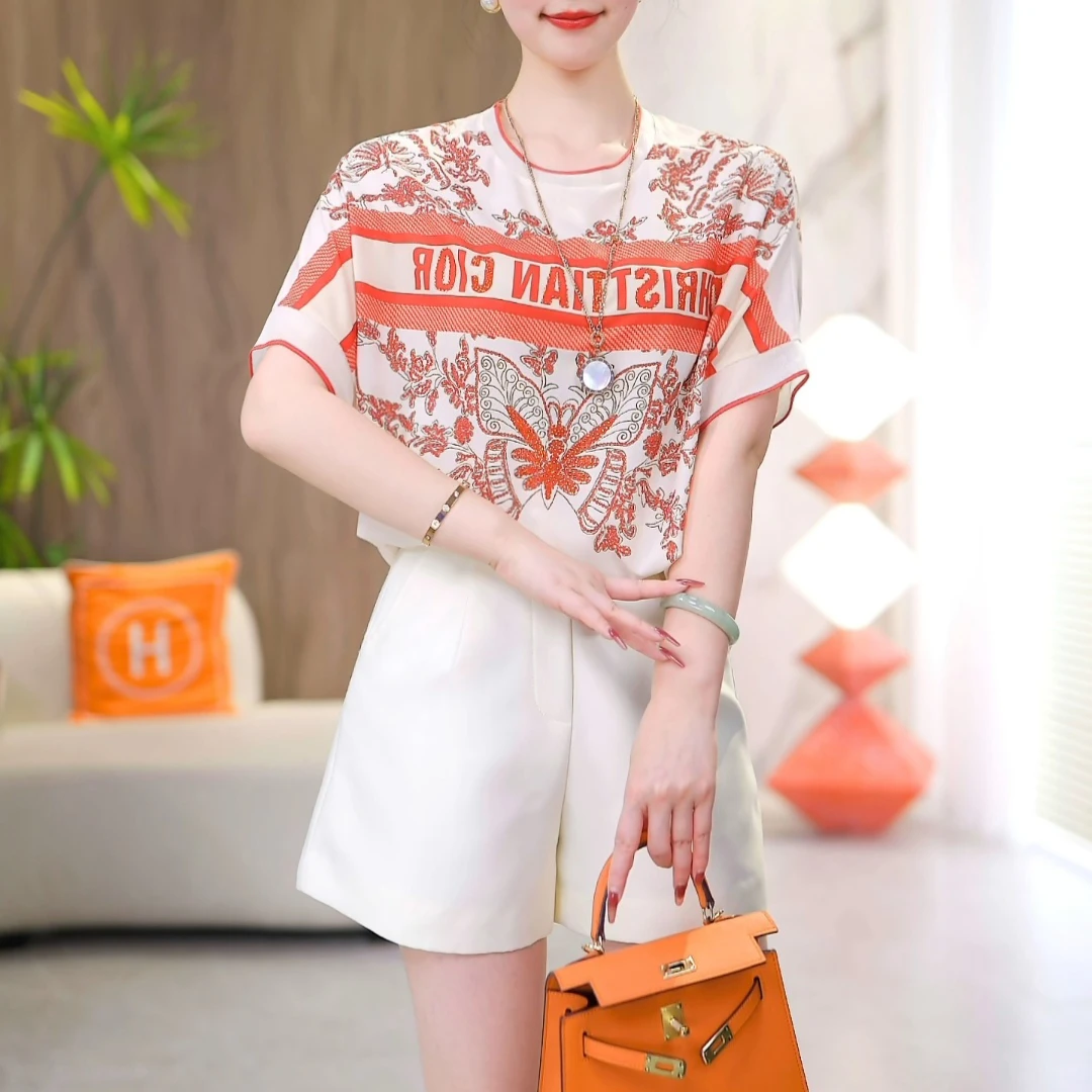 【红韵蝶影】时尚气质圆领百搭2025夏款短袖显瘦宽松T恤上衣