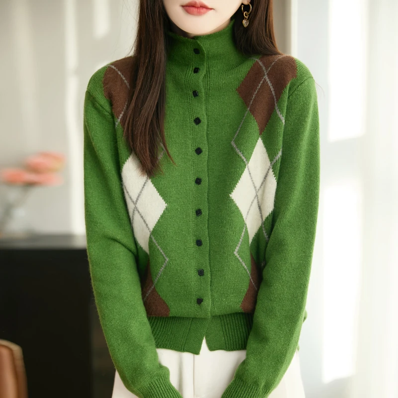 新款浣熊绒韩系学院风菱形格提花针织衫高领上衣