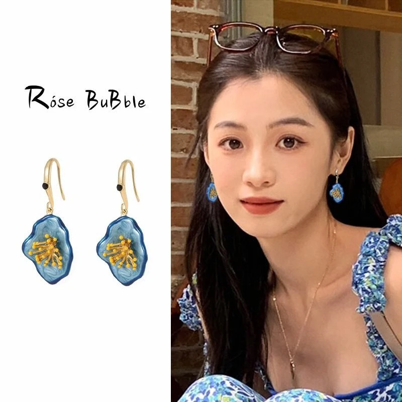复古不规则蓝色花朵耳钉女小众设计感气质花蕊宫廷风耳坠精致耳饰