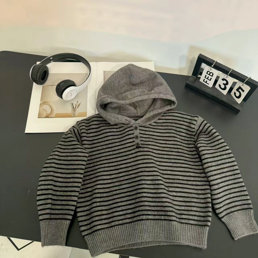 早秋儿童连帽毛衣外套2025新款韩版宽松条纹针织开衫宝宝洋气上衣