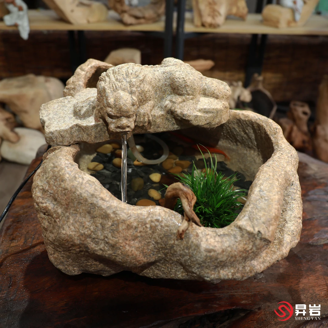 昇岩中式流水摆件祥瑞送福貔貅流水茶桌景观造景复古