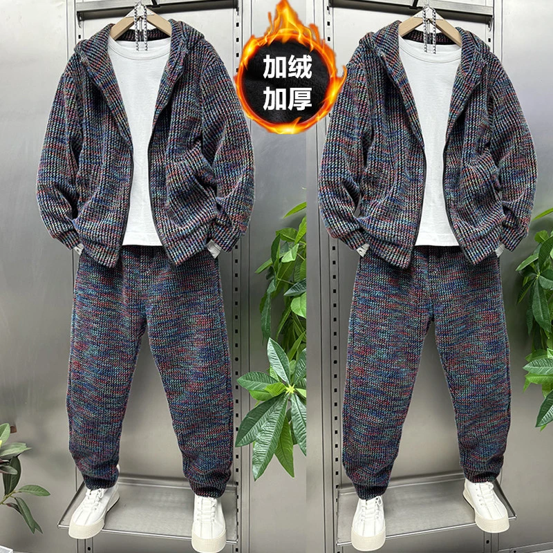 加绒加厚套装男冬季连帽高级感休闲运动两件套宽松蝙蝠袖外套长裤