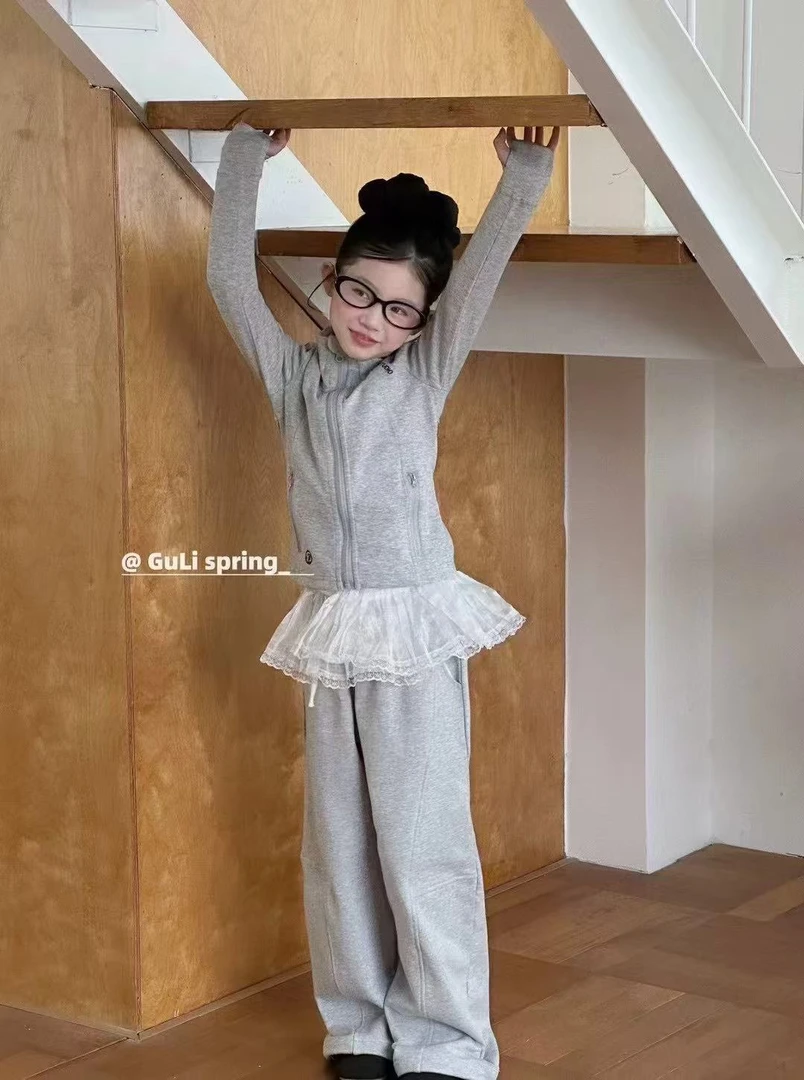 2025春季女童新款纯色洋气套装时尚休闲韩版蕾丝边