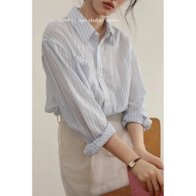 清仓蓝色条纹棉麻衬衫女衬衣通勤薄款防晒衫夏季法式外套长袖上衣