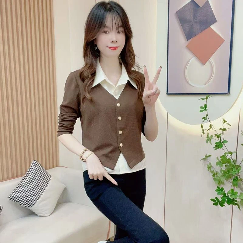 假两件纯欲正肩衬衫女洋气流行时尚胖mm气质显瘦POLO领修身上衣