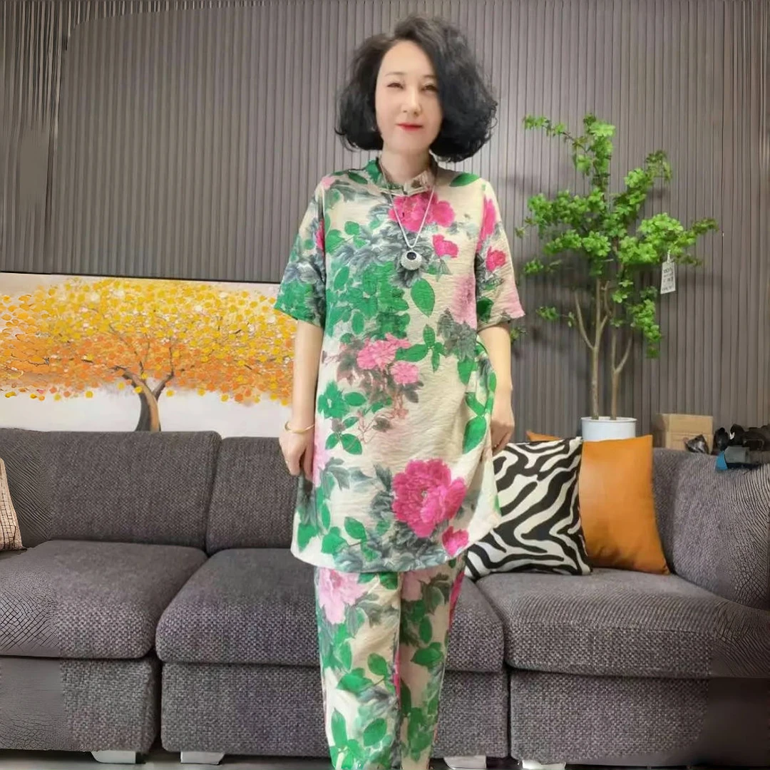 夏季中老年妈妈时尚休闲短袖丝麻花大衫九分裤套装上衣宽松妈妈装