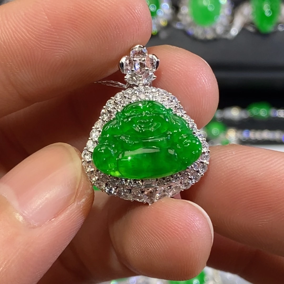 吊坠(不含链)18K金镶嵌翡翠冰阳绿佛公
