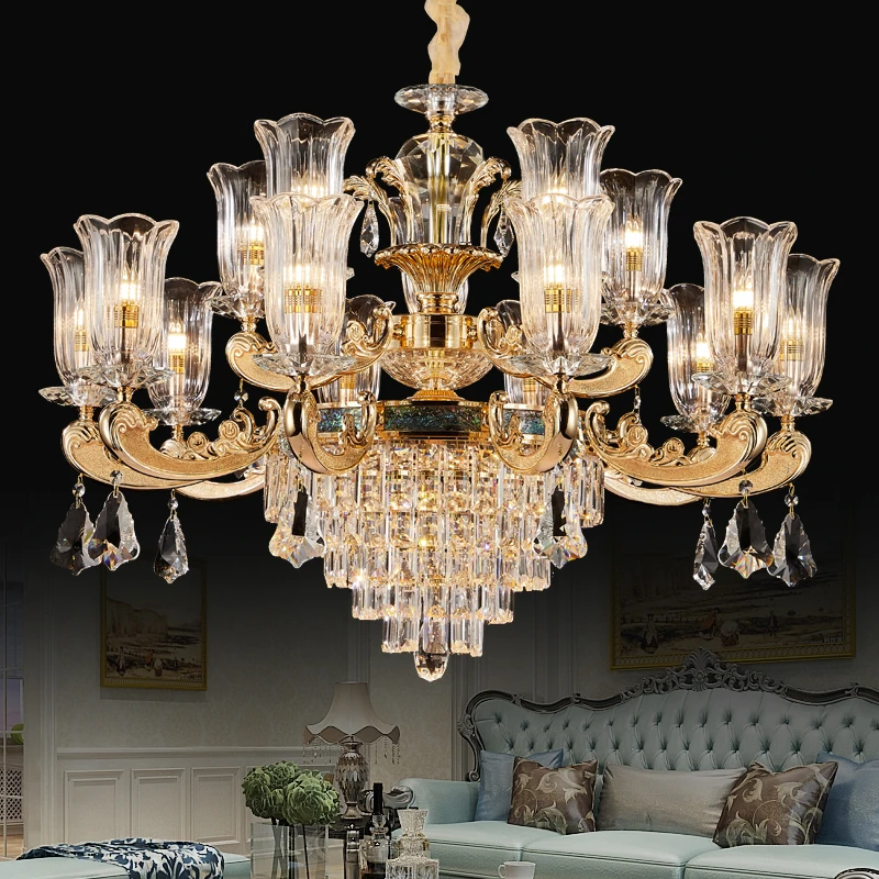 水晶灯饰吊灯简约复式楼别墅大厅客厅灯欧式轻奢简欧全铜20