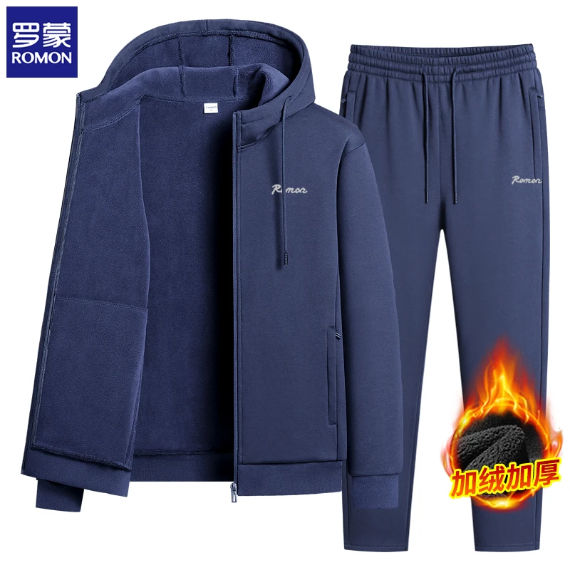 Romon/罗蒙冬季加绒加厚运动套装男款中老年连帽宽松休闲运动服