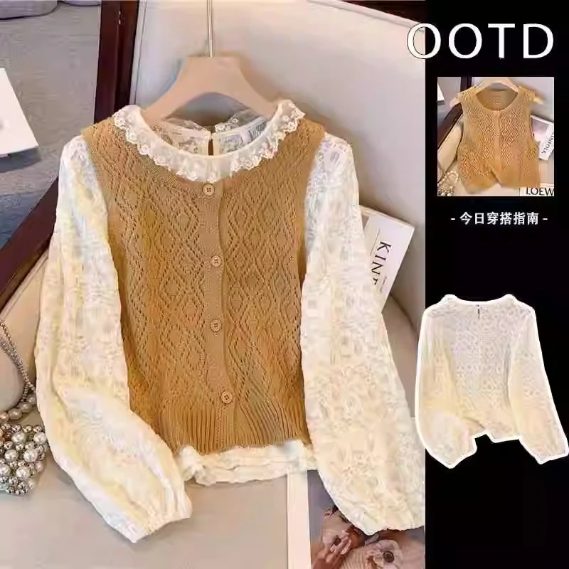 网红爆款时尚马甲套装女2025新款法式甜美百搭长袖蕾丝衫上衣2645