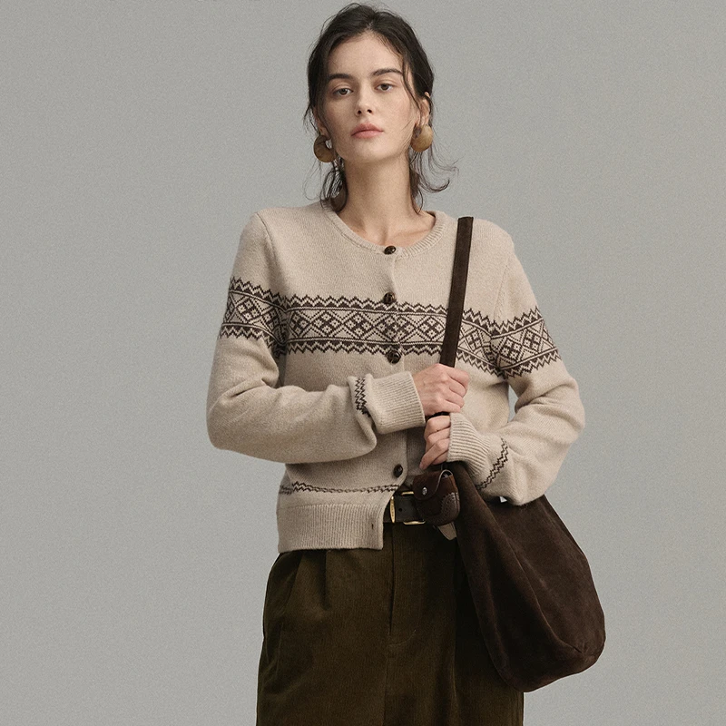 【Le Grenat】新品25秋冬老钱风复古棕色费尔岛羊毛混纺针织开衫女