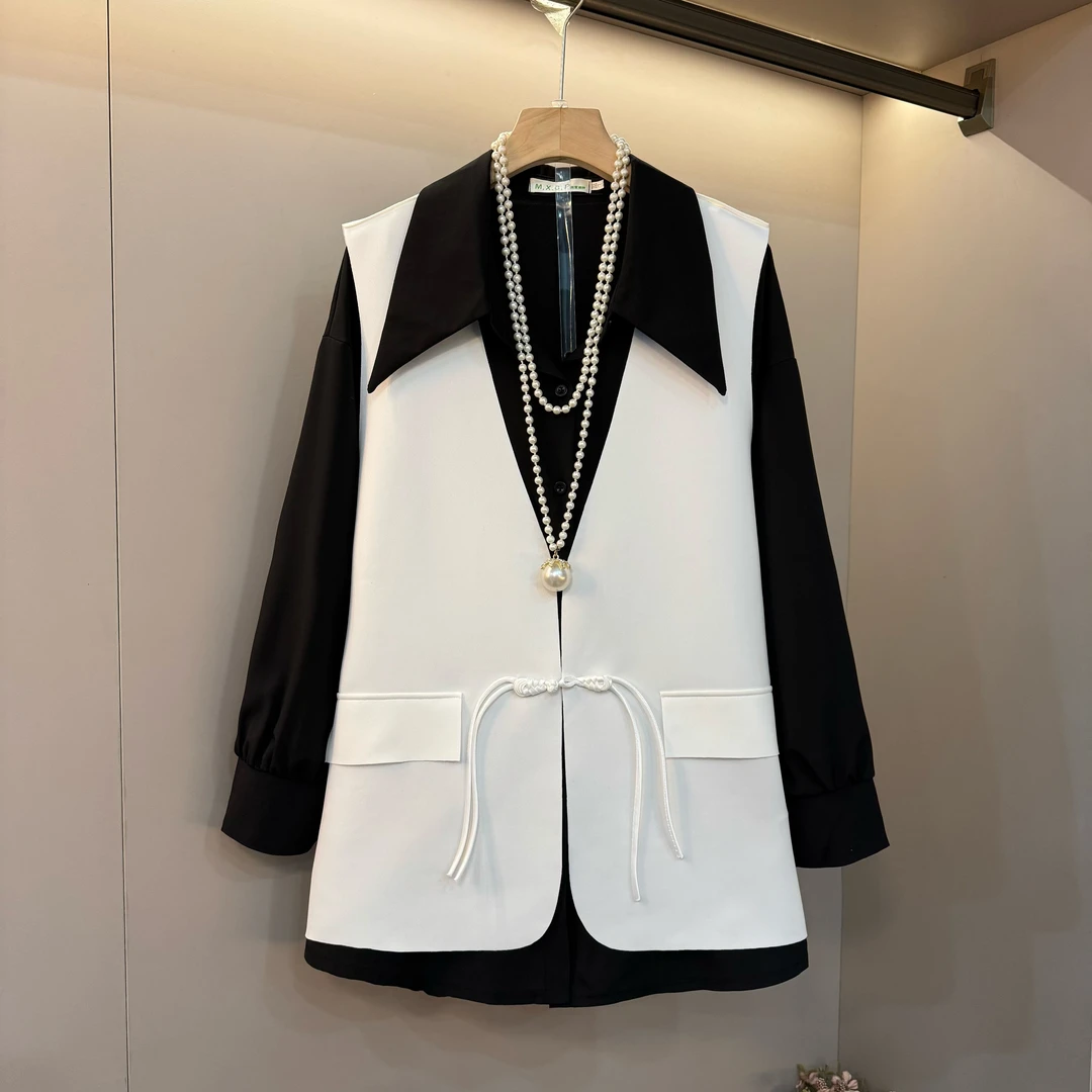 新款大码女装洋气衬衫盘扣流苏马甲时尚胖妹妹简约显瘦上衣俩件套