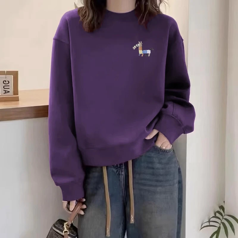 多巴胺圆领套头打底衫加绒加厚卫衣女2025春秋季新款宽松韩版外套