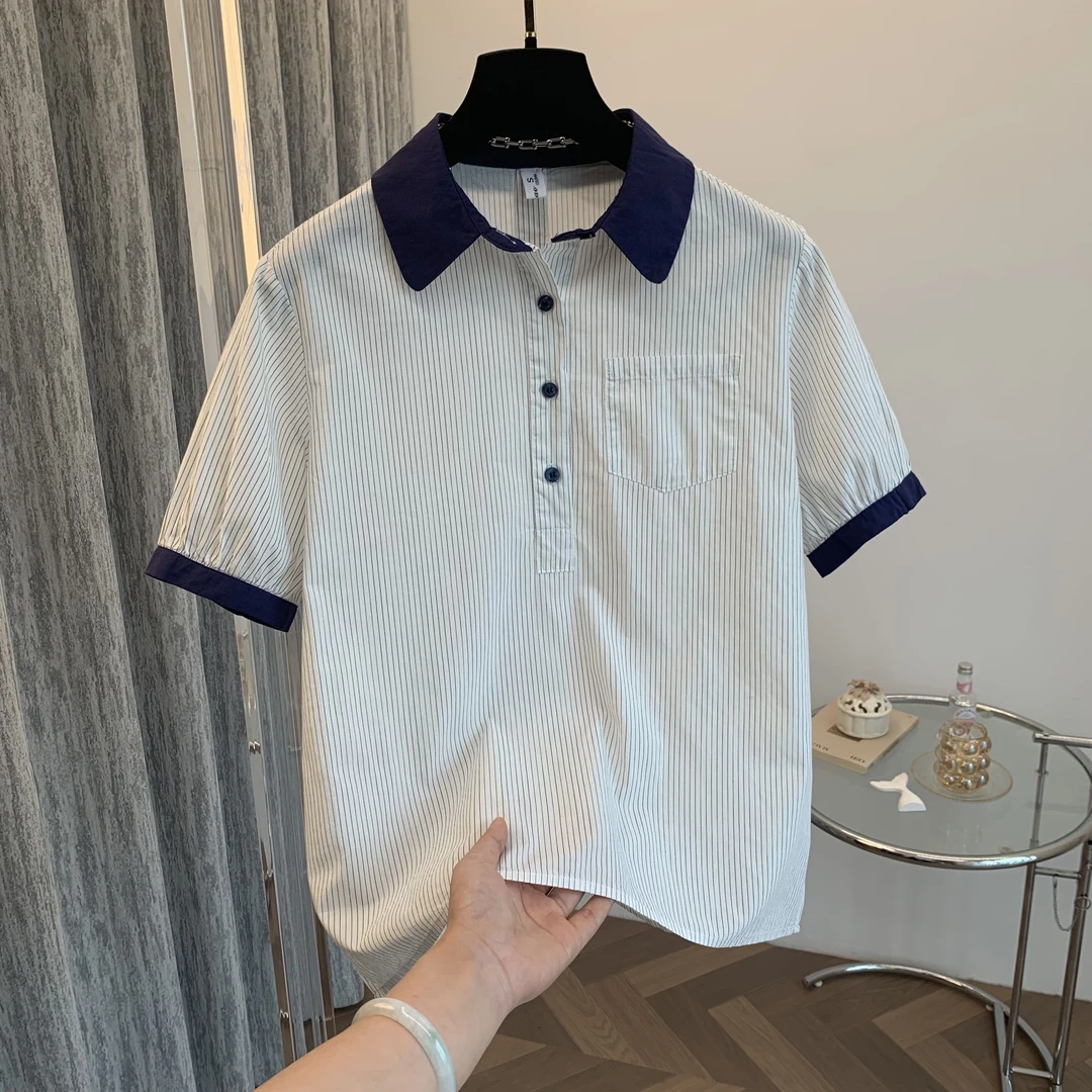 运费补贴  洋气减龄学院风竖条纹衬衫休闲时尚百搭小众设计感短袖