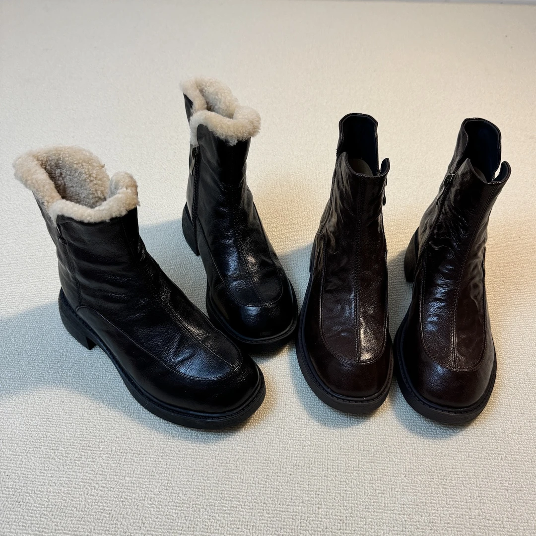 六也「显瘦毛靴」圆头厚底静音抓纹羊皮加绒保暖防滑雪地靴 L1102